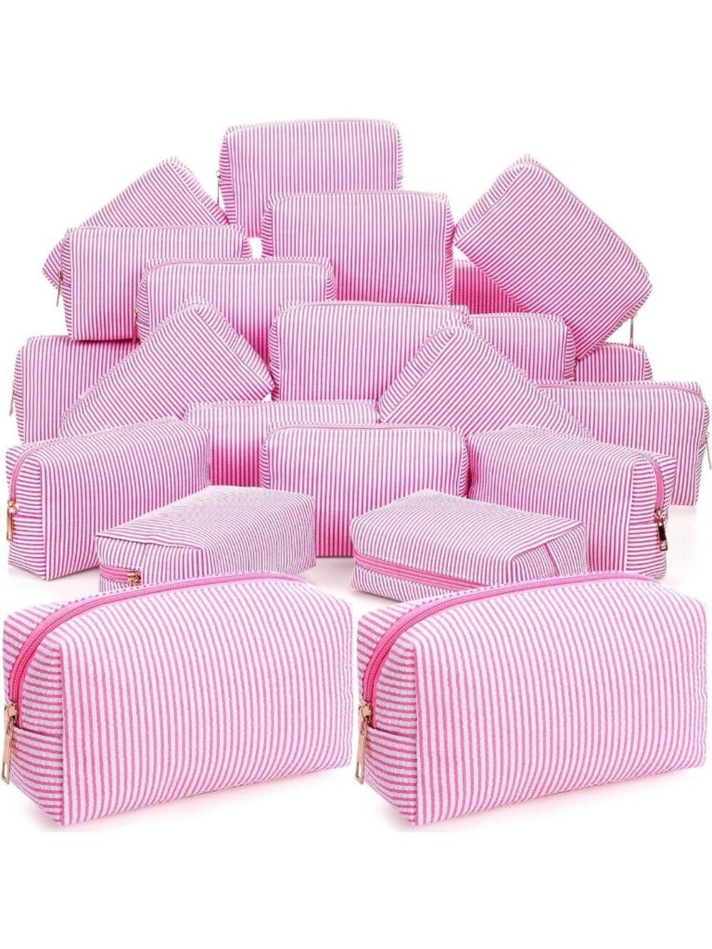 30 Pcs Striped Seersucker Cosmetic Bags Set, Pink Zippered Travel Organizers